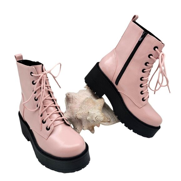 Soda Shoes - Fling Pink Combat Boots On Chunky Platform with Lug Soles and Side Zipper